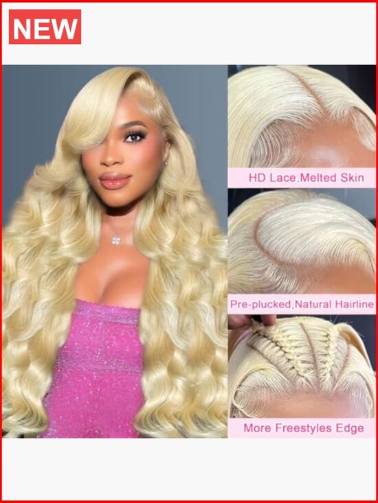28 Inch 13x6 Lace Front Wig Human Hair 200 Density Body Wave Blonde HD Lace main image 4